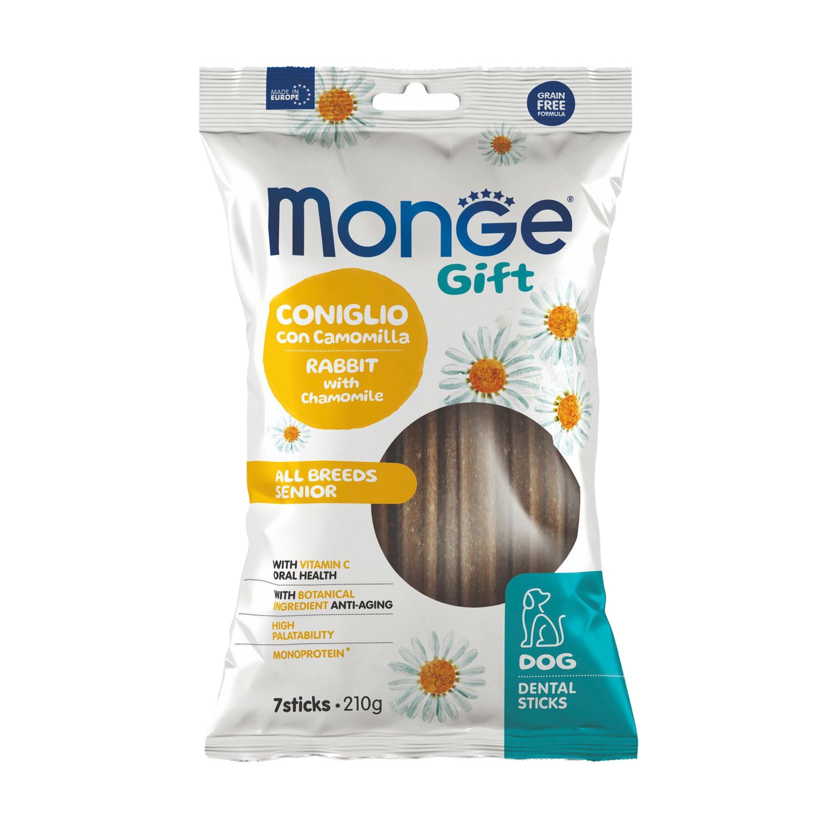 Уцінка! Ласощі для собак Monge Gift All Breeds Senior Dog Dental Sticks зі смаком кролика з ромашкою, 210 г